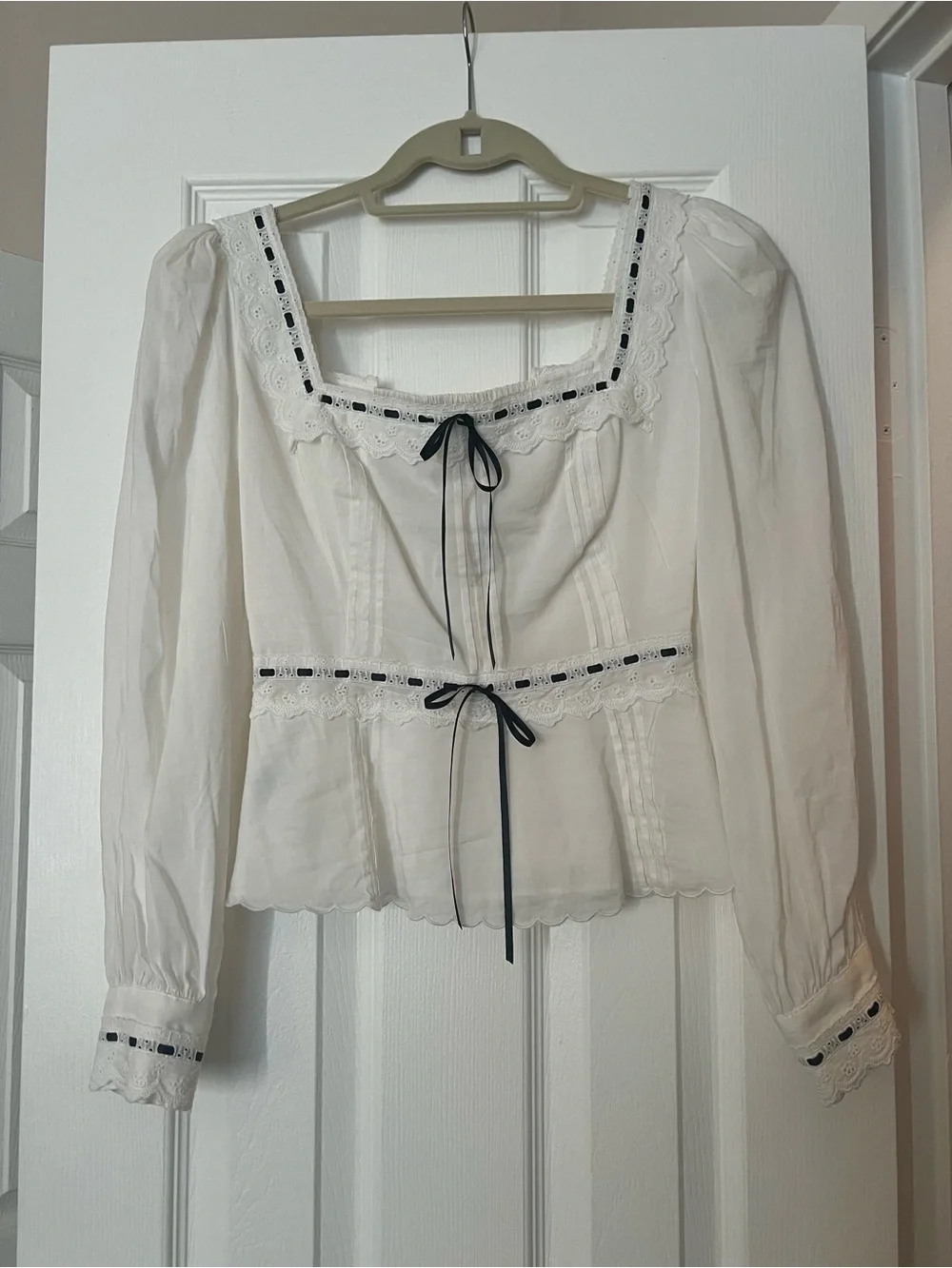 Reformation Haisley Ribbon Accent Organic Cotton Peplum Top